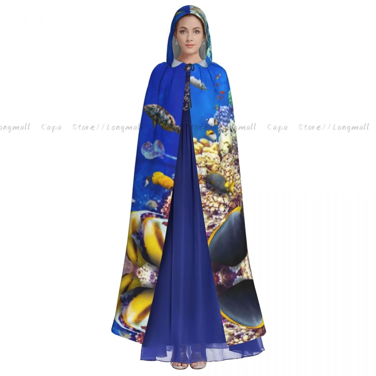 Adult Halloween Underwater World Coral And Tropical Fish Cloak Cape Hooded Medieval Costume Full Length Dress Coat