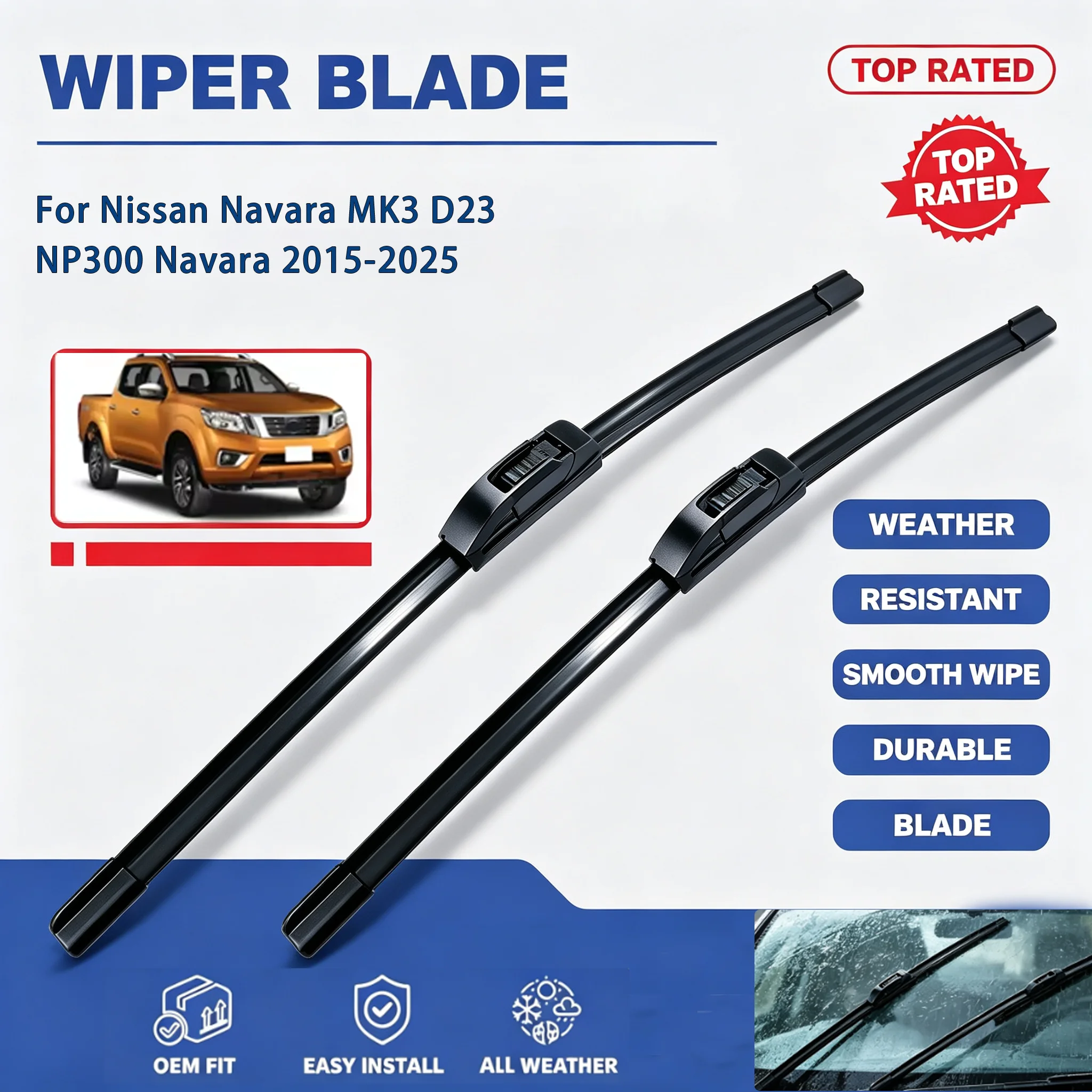 For Nissan Navara MK3 D23 NP300 Navara 2015-2025 Car Front Windshield Wiper Blades Durable Rubber All Weather Clear Vision Auto