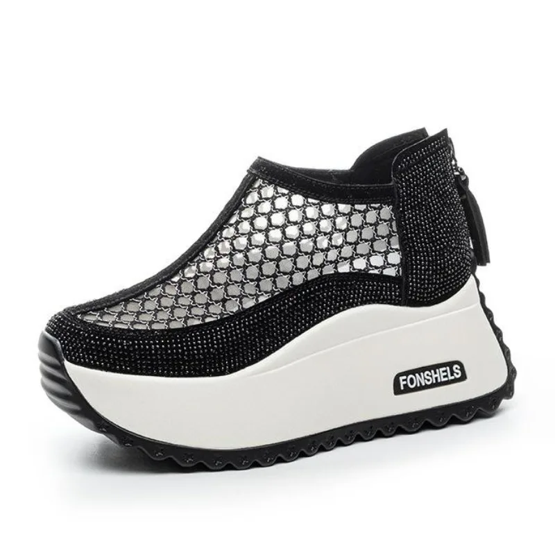 

Ботильоны из микрофибры 8 см, сандалии, женская обувь, массивные кроссовки на платформе с полой молнией, модные летние блестящие сандалии на танкетке