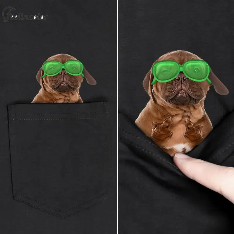 Fashion Men T-Shirt Cute Cat Dog Pocket T-Shirt 3D Printed Male for Women Shirts Tops Funny Round Neck Black Tees Clothing