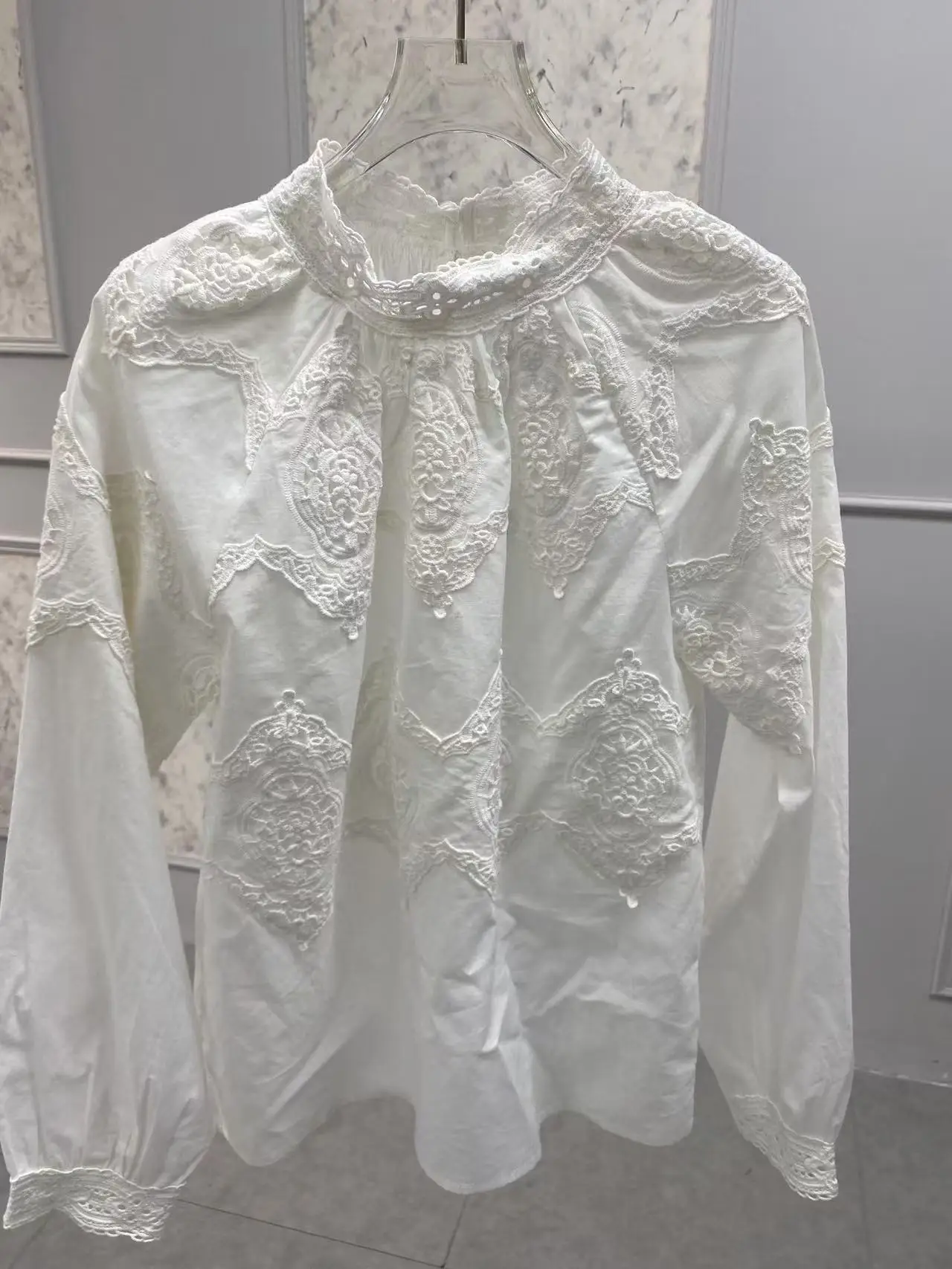 Sezanes Fashion 2025 White Court Style Long Sleeve Lace Embroidery Hollow Lace Lantern Sleeve Stand Collar Shirt Premium