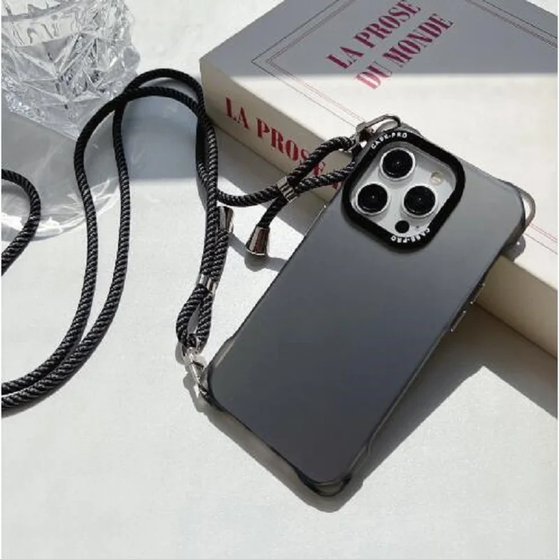 

Four Corners Hole Crossbody Long Lanyard Strap TPU Phone Case for iPhone 16 15 14 13 12 11 Plus Pro Max Necklace Back Cover