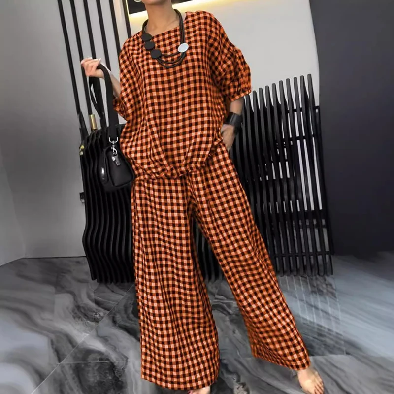 Spring Half Sleeve Sets for Women 2 Pieces O-neck Back Drawstring Top Pullover Wide-leg Pants Suit Fall Houndstooth Print Outfit