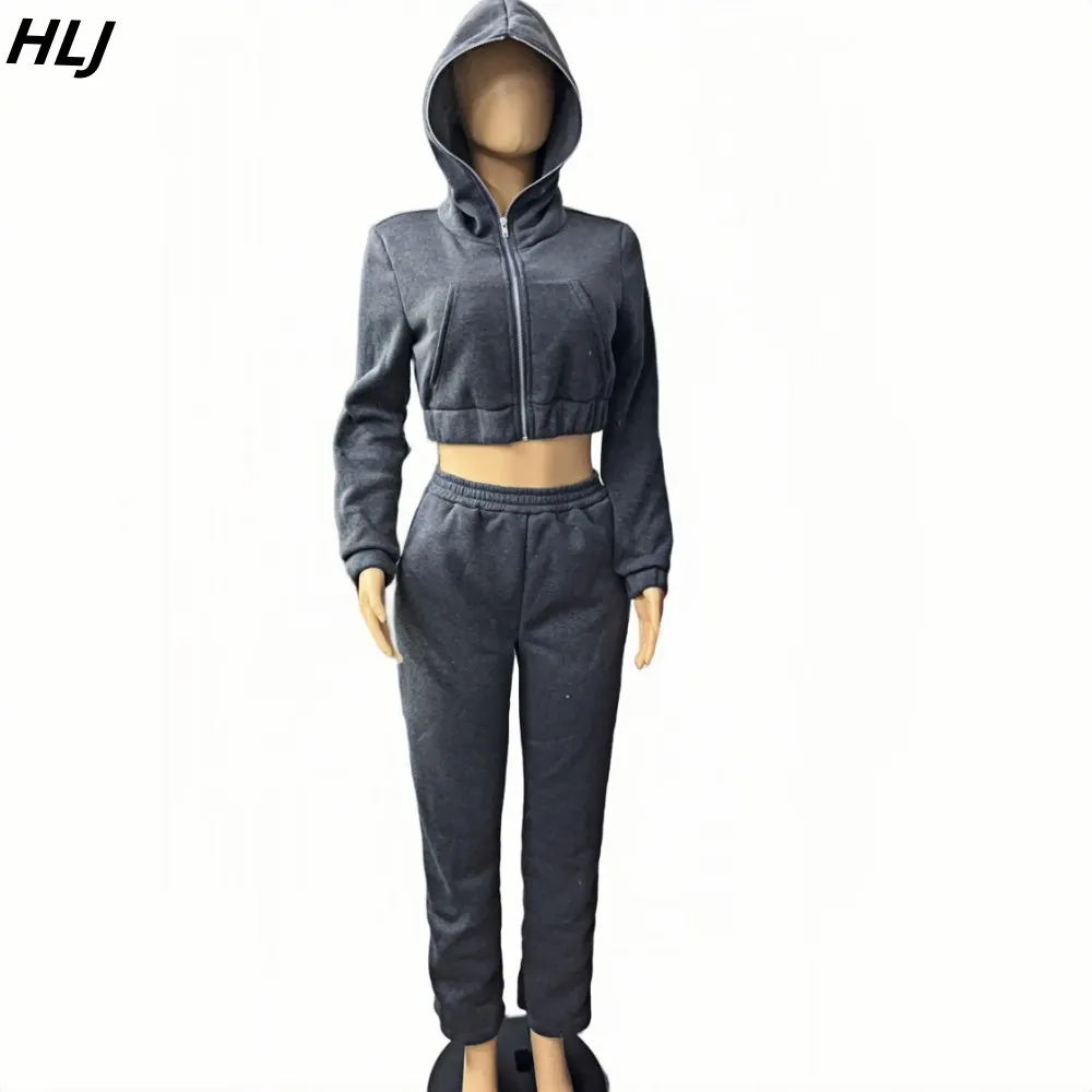 HLJ Autumn Casual Solid Color Jogger Pants Two Piece Sets Women Zipper Hooded Long Sleeve Crop Top And Pants Outfits Tracksuits