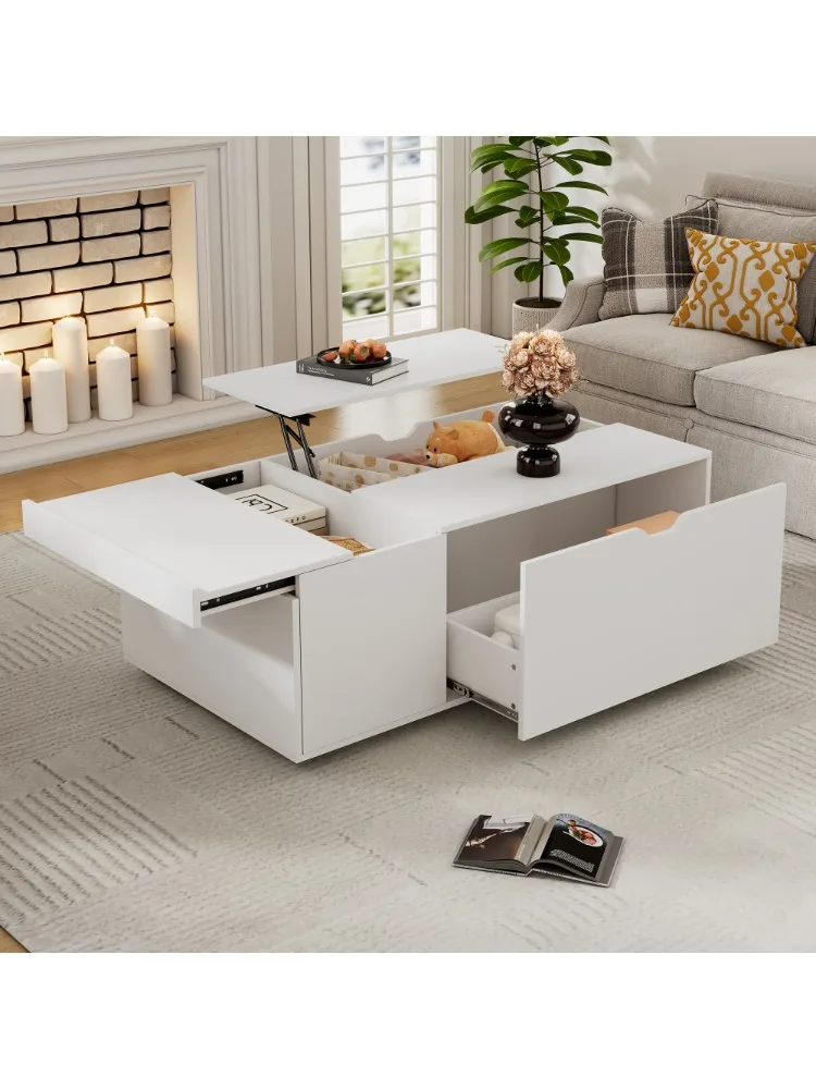 PINGGO Lift Up Coffee Table, Coffee Table With Drawer, Wooden Tea Tables Sofa End Tables for Living Room Furniture , White