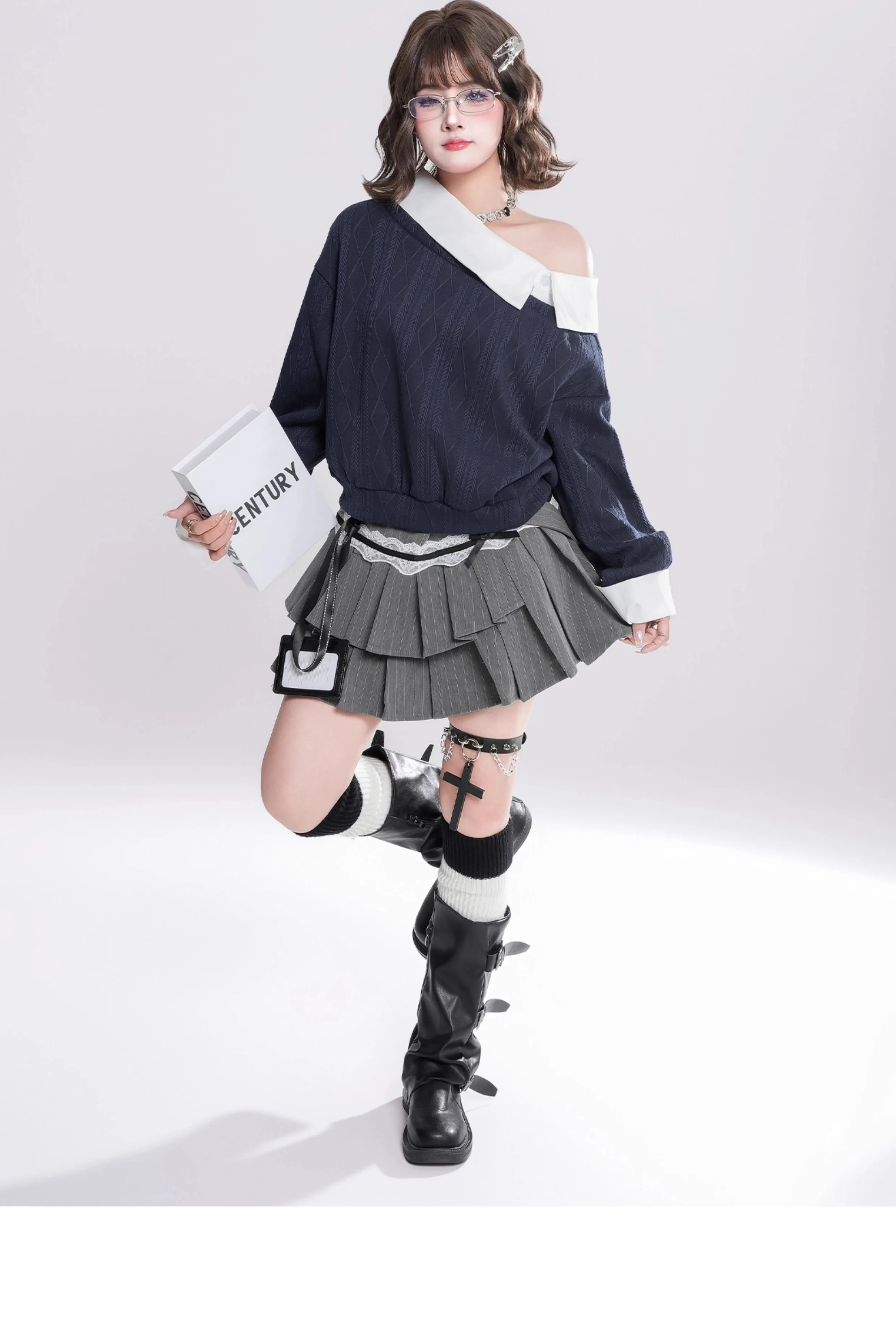 2025 Spring and Autumn New Korean Style Fake Two-Piece Patchwork Asymmetrical Long Sleeve Hoodie Loose Short Gray Casual Top