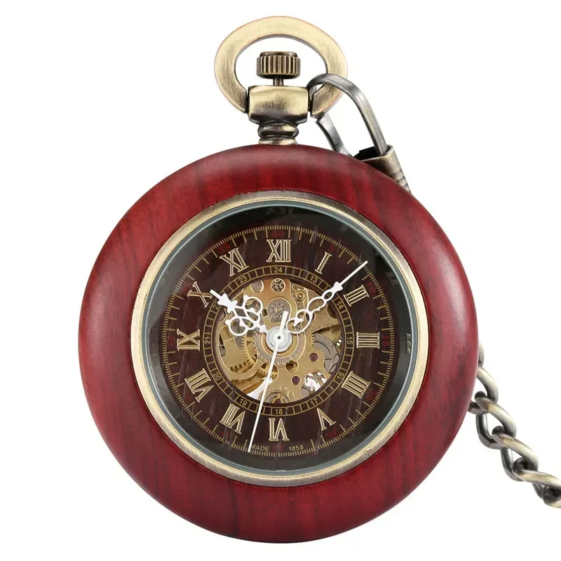 Bronze Retro Pocket Watch Unisex Skeleton Automatic Mechanical Watches Roman Number Dial Pendant FOB Clock Chain Reloj Gift