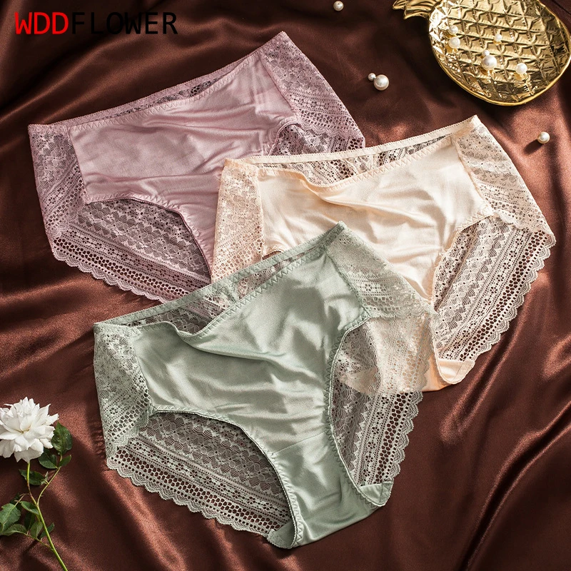 

3 pcs/lot Women Silk Briefs Natural Mulberry Silk Middle Rise Lace Underwear Lingerie Comfortable Panties M L XL SS100