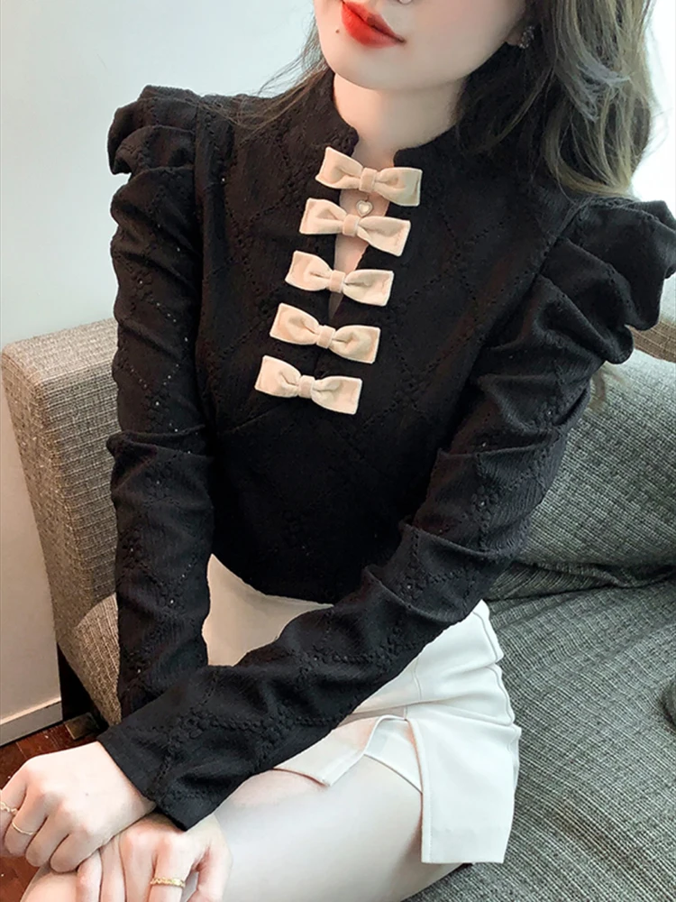 

2023 Spring and Autumn Korean Version V-neck Bow Knot Hollow Grid Solid Color Shirt Ladies Puff Sleeve Women Casual Top Female