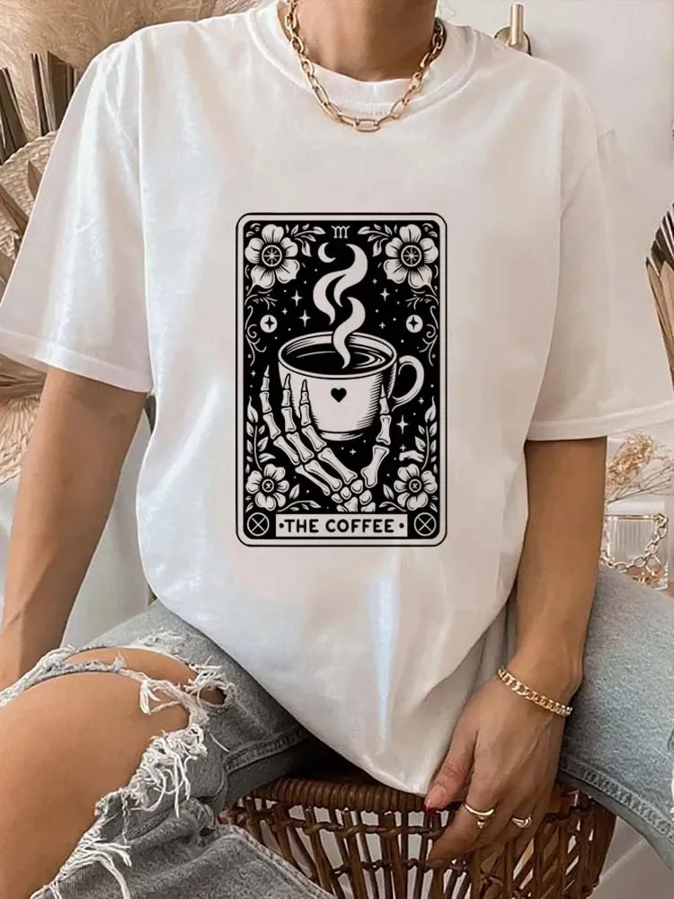 

The Coffee Tarot Brand Watercolor Print Retro O-Neck Short Sleeved T-Shirt Top Cartoon Print Casual Trend Printed T-Shirt.