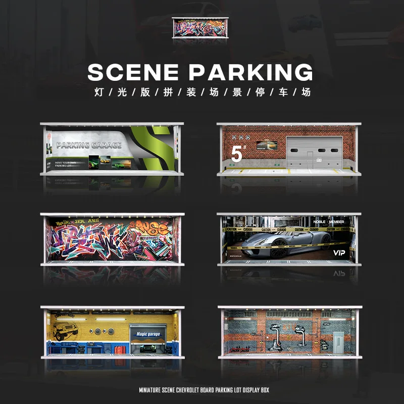 1:64 Simulation figurine decoration for parking lot model miniature scene PVC assembly model with lights Car model display stand