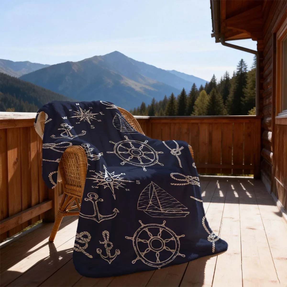 Nautical Anchor & Ship Wheel Print Flannel Blanket Dark Blue with White Maritime Design, Soft Lightweight AllSeason Throw for Be