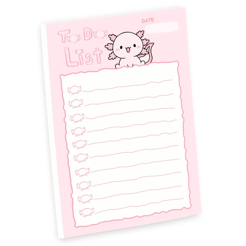 Kawaii Axolotl To Do List Big Sticky Notes for Task Planner to Reach Goals, School Office Stationery Supplies, 50 Sheets 4” x 6”