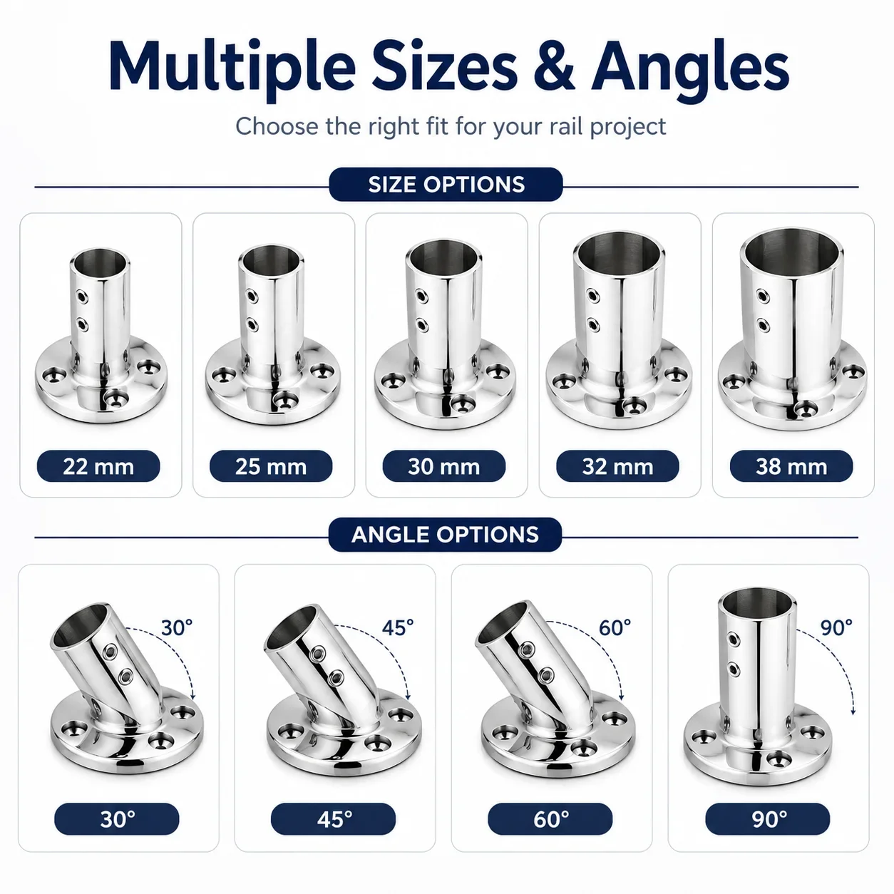 Marine Stanchion Base Mount with Round Deck Plate in 316 Stainless Steel for 22 25 30 32 and 38 mm Tubes on Boat and Yacht Rails