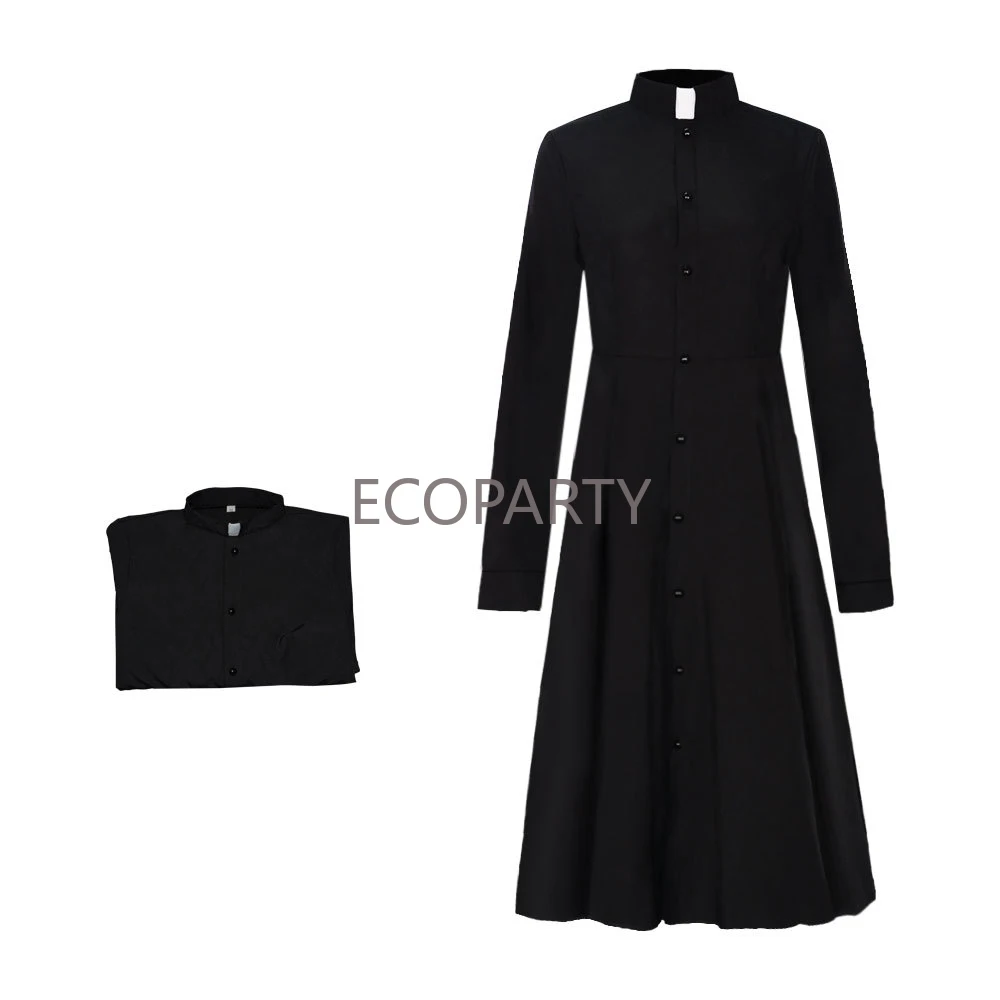 Women's Clergy Costume Church Minister Long Maxi Dress Liturgical Robe Tab Collar Priest Pastor Preacher Cosplay Dress