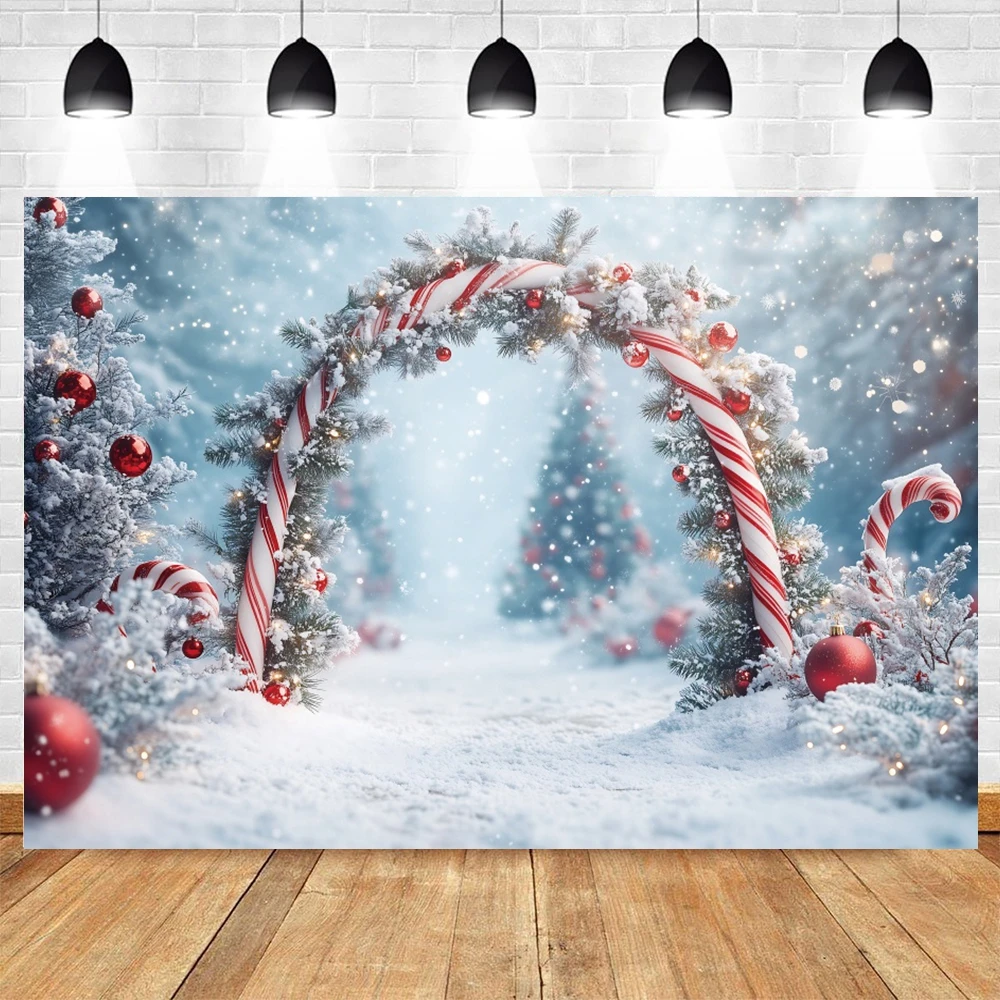 Winter Christmas Background for Photostudio Snow Trail Candy Cane Arch Xmas Tree Decor Supplies Kids Portrait Photo Backdrop