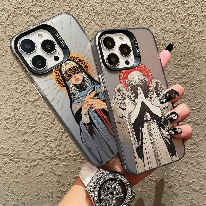 Nuns Art Angel's Wings Aesthetic Phone Case For iPhone 14 13 Mini 12 11 Pro Max 16 15 Pro Max Plus Shockproof Laser Back Covers