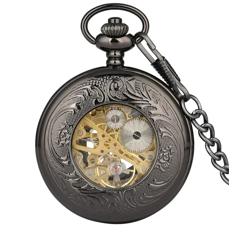 Antique Hollow Case Handwinding Mechanical Pocket Watch for Men Women Skeleton Clock Pendant Chain Roman Number Dial Hour Gift