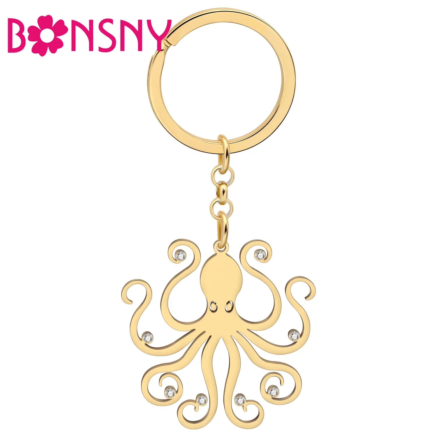 BONSNY Stainless Steel Rhinestone Octopus Key Ring For Women Girls Gifts Novelty Ocean Animal Jewelry Backpack Wallet Keychains