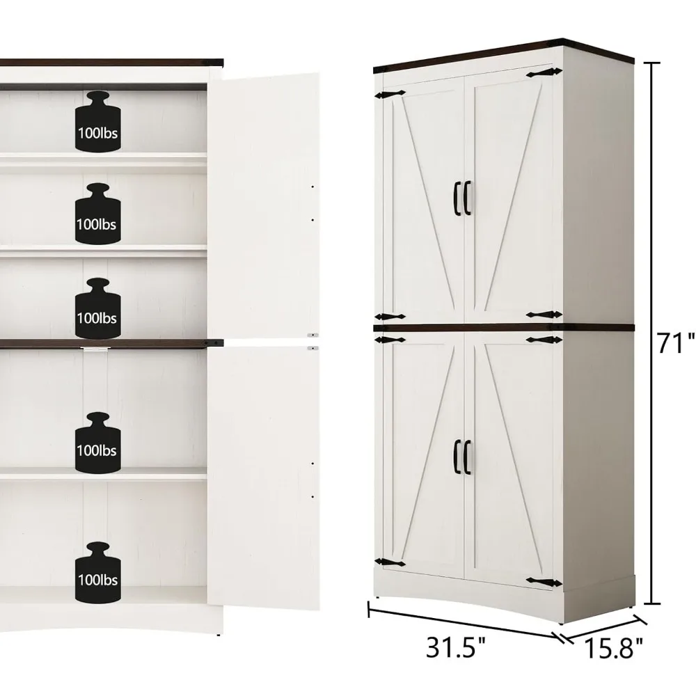 71in Farmhouse Kitchen Pantry Cabinet,Tall Storage Cabinet with 4 Doors and Adjustable shelves,with Load-Bearing Steel Pipe