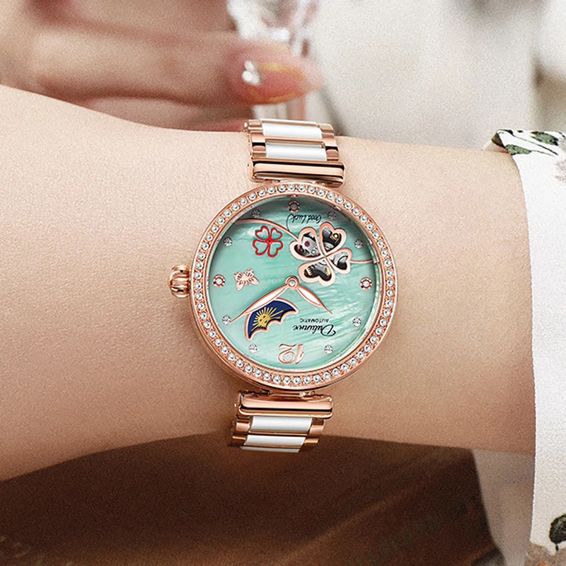 Lucky Clover Mechanical Watch for Women Ceramic Strap Original Wristwatch Skeleton Automatic Diamond Elegant Ladies Watches