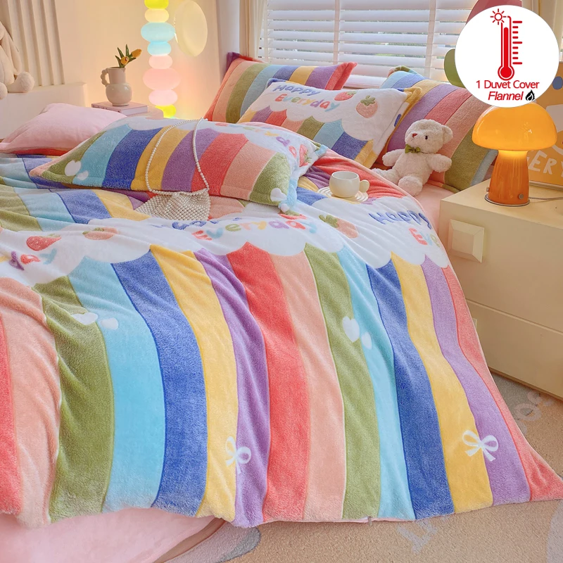 Rainbow Striped Flannel Duvet Cover No Pillowcase, Ultra Soft Cozy Bedding Quilt Cover Warm for Kids Teens Adults Bedroom Decor