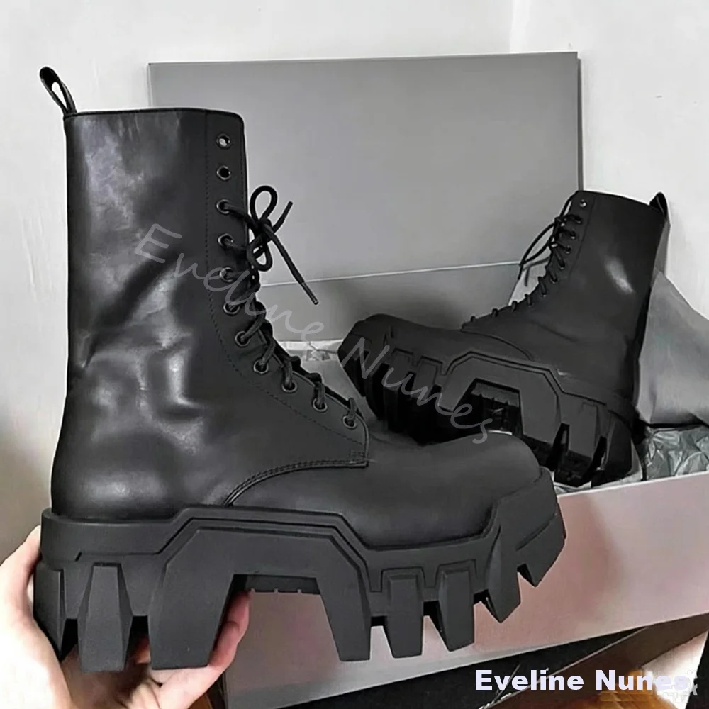 Unisex Black Leather Combat Boots Round Toe Full Lace Up Pull Tab Heavy Chunky Gear Shape Lug Sole Gothic Street Mid Calf Boots