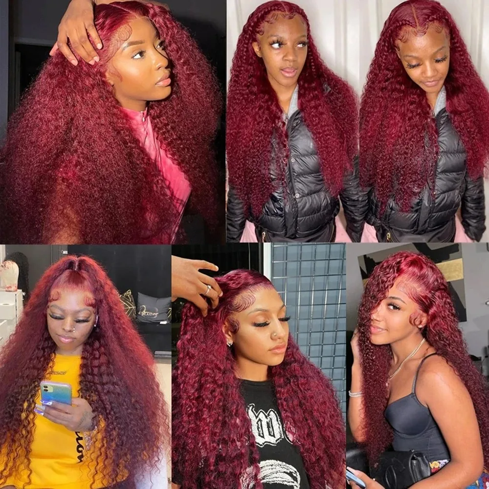 Kepadatan 180 30 40 inci 99J Burgundy gelombang besar 13x6 renda depan rambut manusia wig warna merah keriting Remy rambut manusia untuk wanita