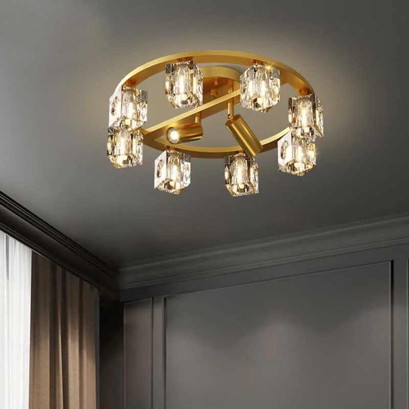 All copper light luxury living room light, modern and simple crystal ceiling light with spotlight, book room bedroom light