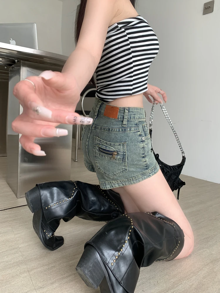 الرجعية الأمريكية الدنيم orts المرأة رقيقة عالية الخصر مطاطا ألف خط السراويل الساخنة الصيف Faion المضادة للتجاعيد الحفاظ على القرد