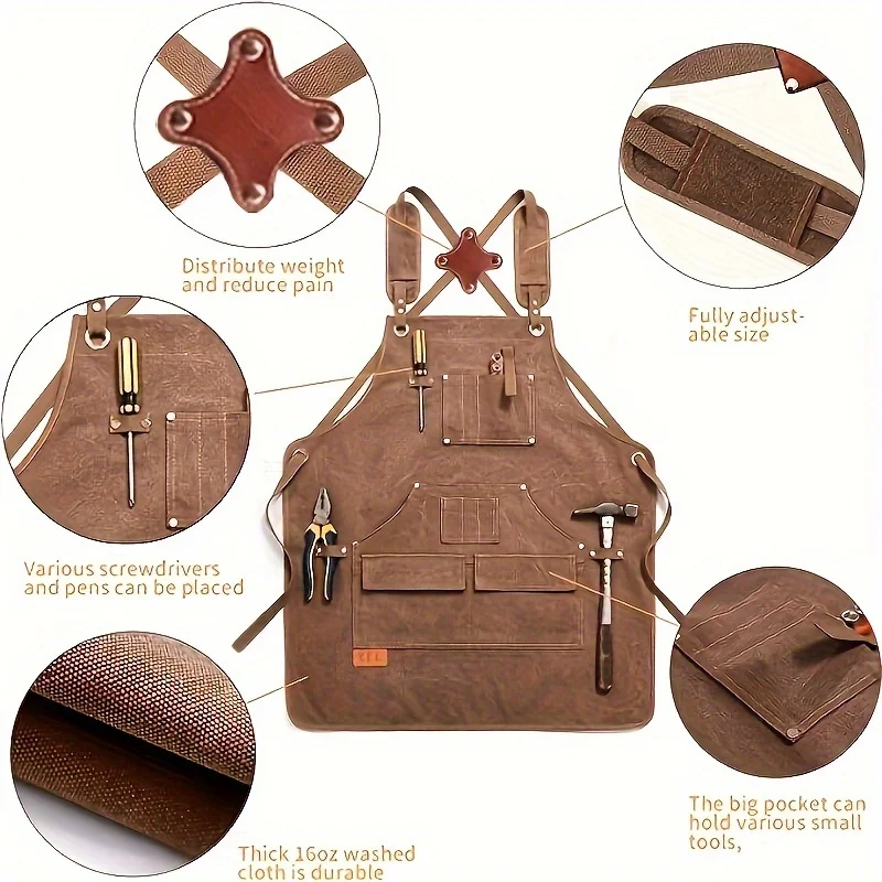 Woodworking Apron, Heavy Duty Waxed Canvas Working Tool Apron with 9 Pockets, Adjustable Strap Aprons for Women, Men