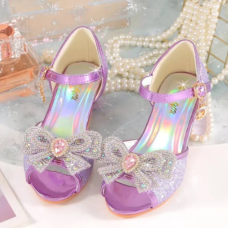 Summer Girls Sandals With Heel Fashion Rhinestone Shiny Glitter Shoes Children Princess Bowtie Pearl Dancing Shoes