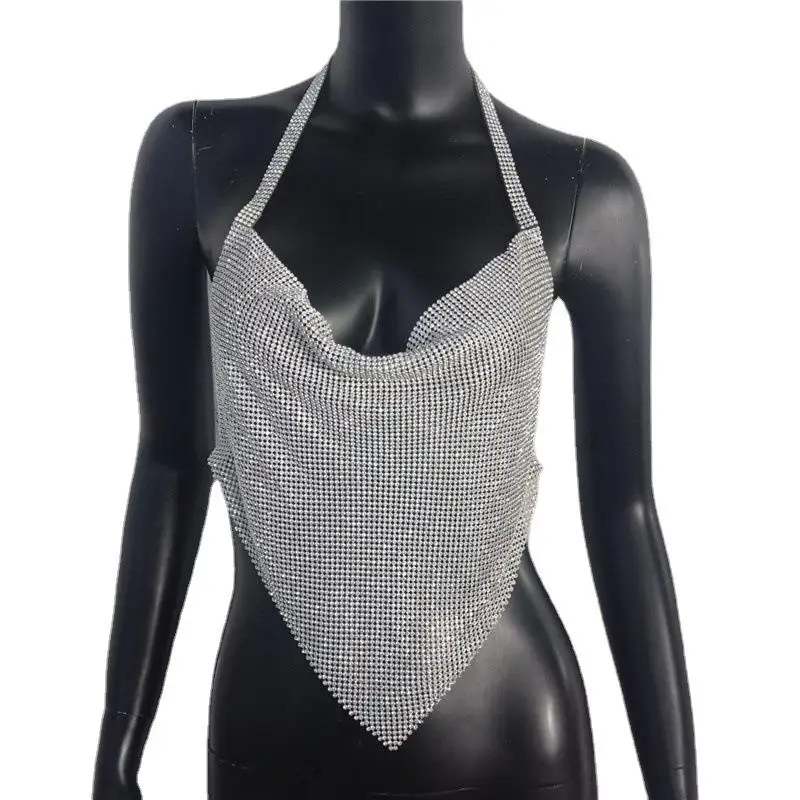 Haut court Sexy en métal Ne suspendu avec strass pour femmes, tenue Par transfrontalière, Cleanfit, effet 3D, ligne a, sangle étroite, gilet