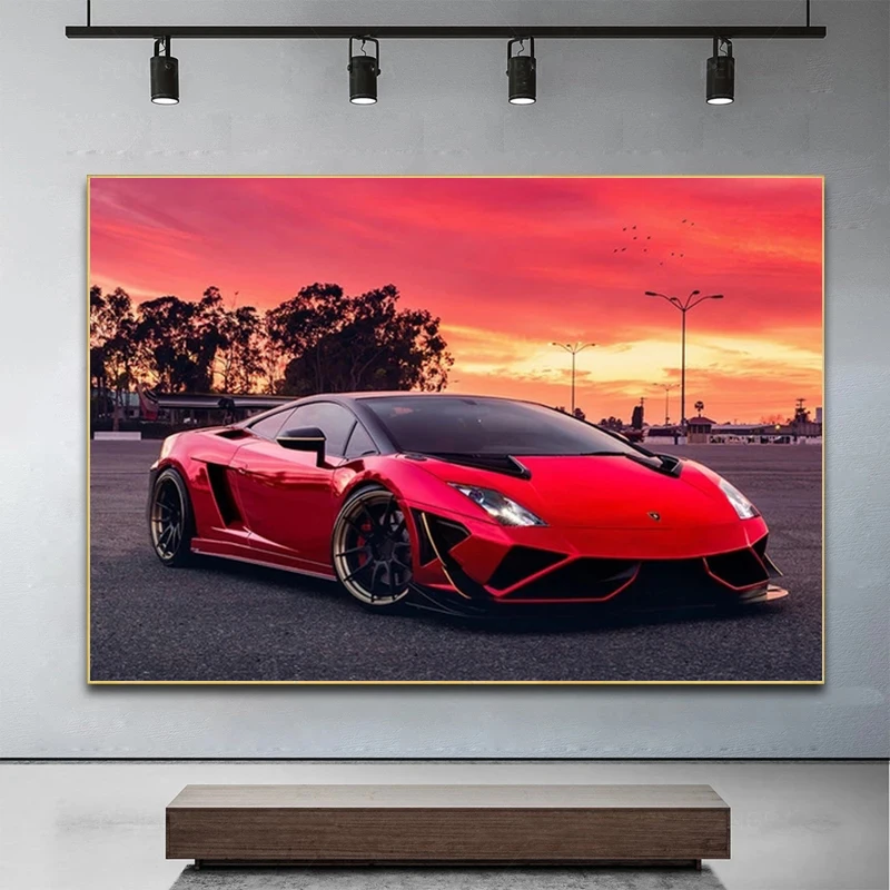 Supercars Lamborghini Gallardo Red Sunset Racing Cars Canvas Painting Posters Prints Wall Art Picture for Living Room Home Decor