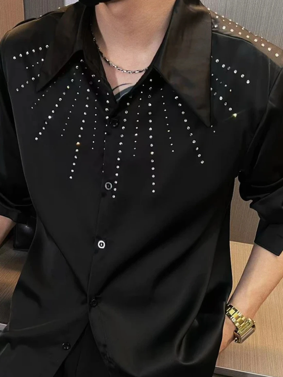 Men's 2025 Spring Summer New Fashion Tops Male Light Luxury Hot Diamond Personalized Shirts Stylish Unique Long Sleeve Shirts