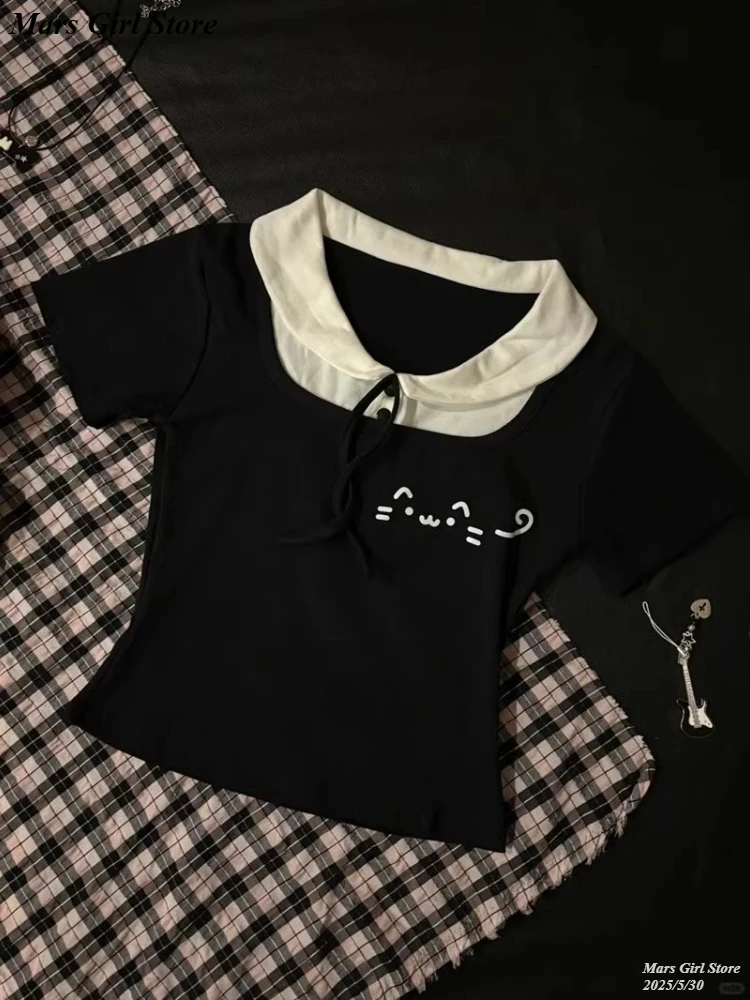 

Summer Japanese Kawaii Vintage Tops Women's Cute Cats Print Doll Collar Black T-shirt Female Y2K Aesthetic Harajuku 2000s Vibe
