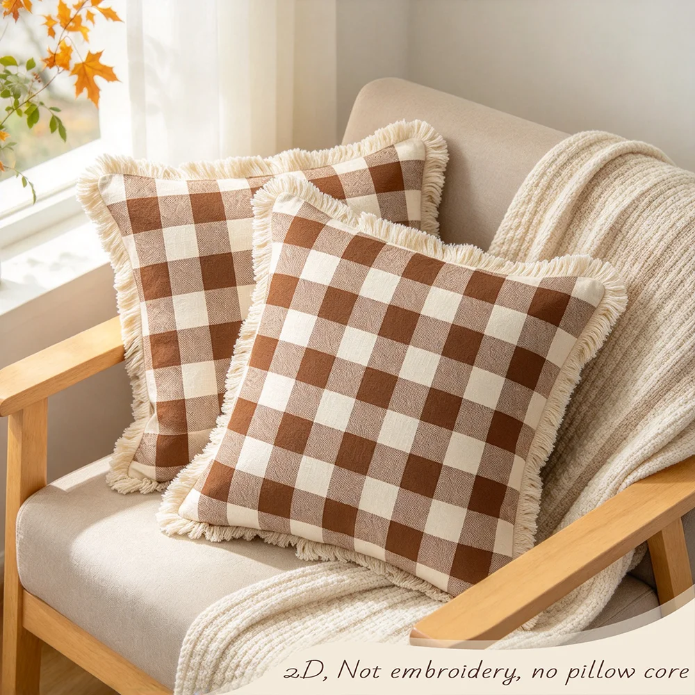 1PC Brown White Buffalo Check Plaid Pillow Cover, Gingham Geometric Cushion Case, Digital Print Polyester, Bedroom Sofa Decor