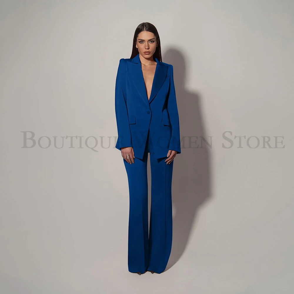

Luxury Blue Women's Suits Minimalist Straight One-Button Peak Lapel Blazer Fashion Trendy 2 Piece Jacket Pants Lady Clothing