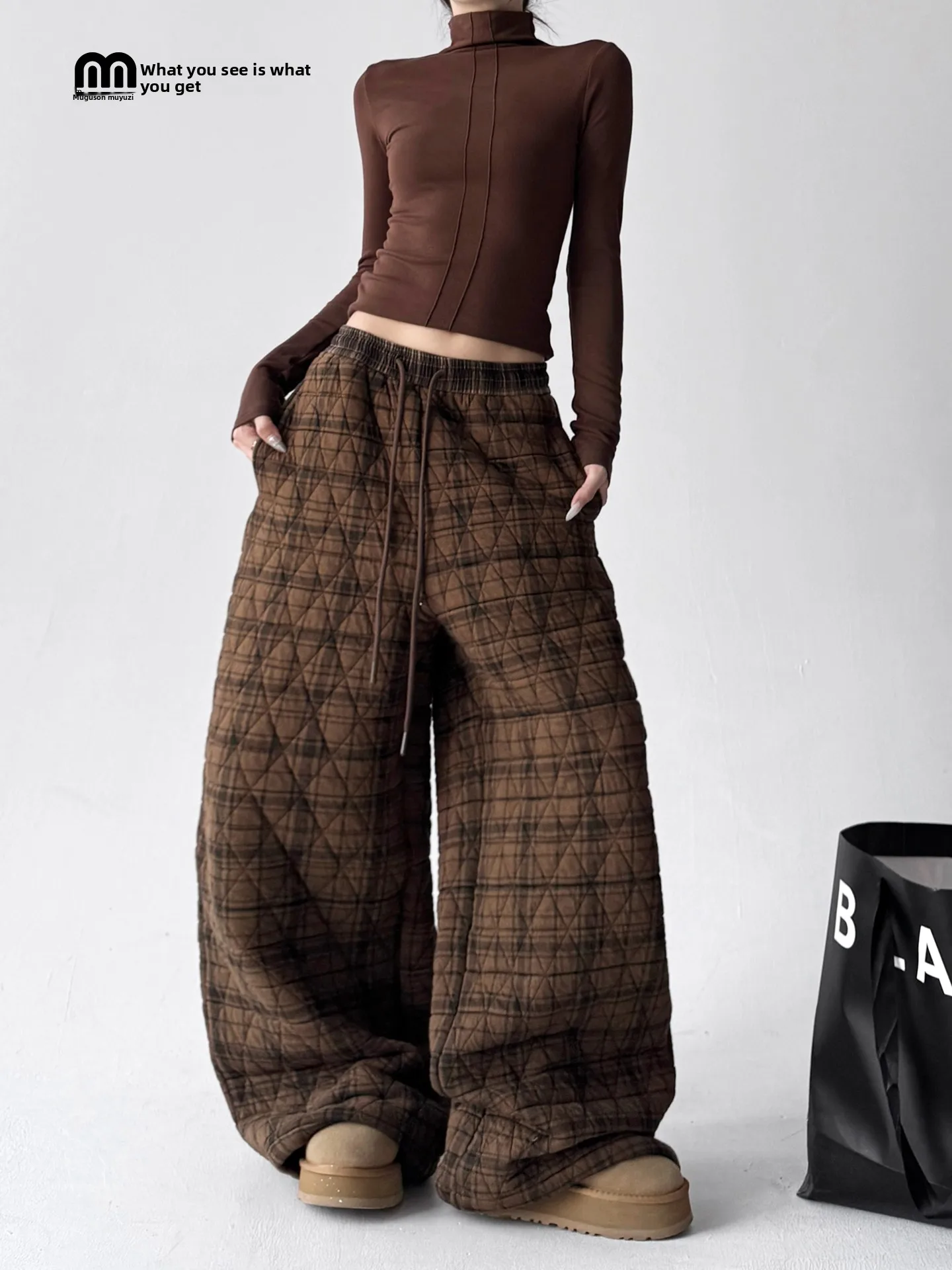 

Women's Loose Fit Cotton Fce Pants Winter Warm Leisure Long Trousers Diamond Pattern Wide Leg Pants Casual Stroll Pants