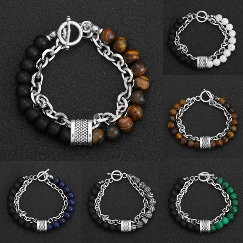 Men's Beaded Bracelet with Iron Chain 1 PCS Fashion Punk Frosted Stone Chain Trend Full Matching Beaded Bracelet Accessories