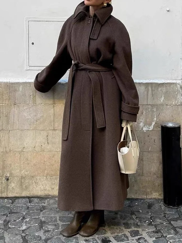 معطف نسائي جديد على الطراز الأوروبي أنيق ومتعدد الاستخدامات من الصوف بصدر واحد مع طية صدر السترة وحزام. #1