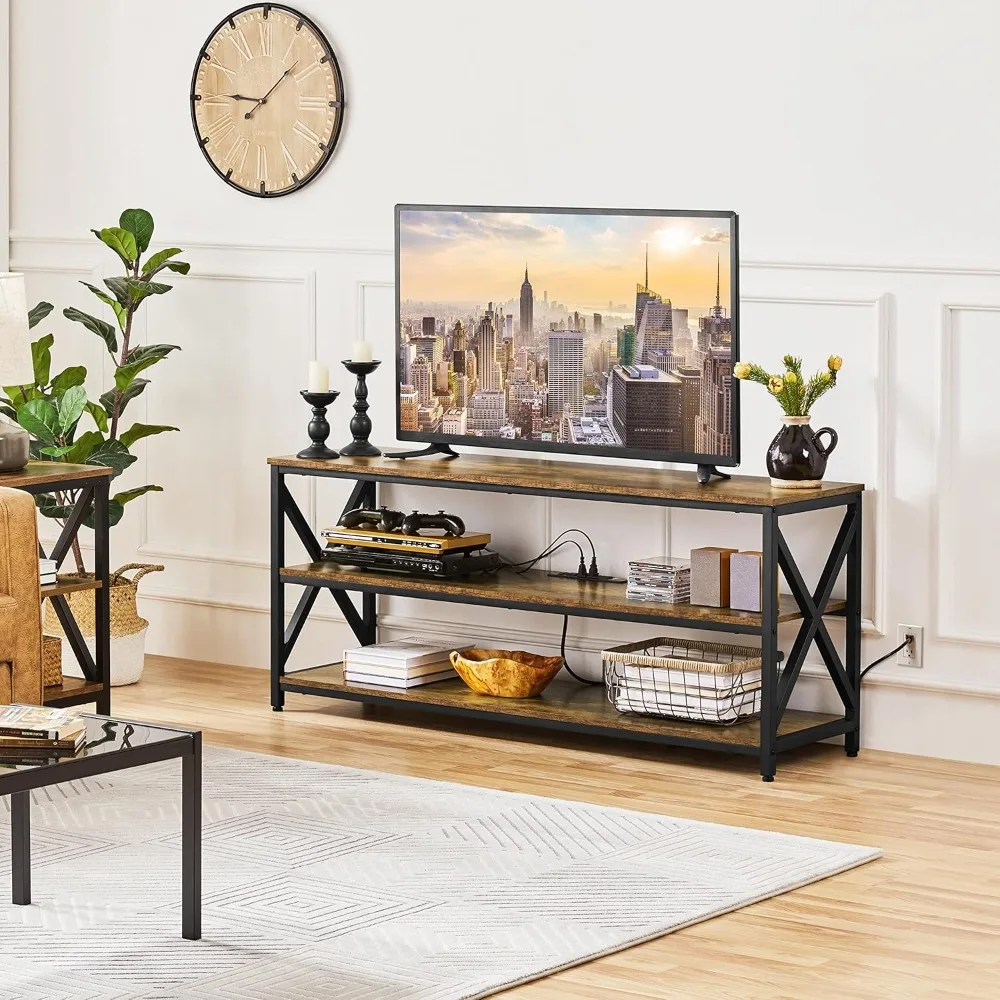 The TV cabinet is suitable for TVs up to 65 inches, with power outlets and 3 levels of storage shelves, 55-inch TV console table