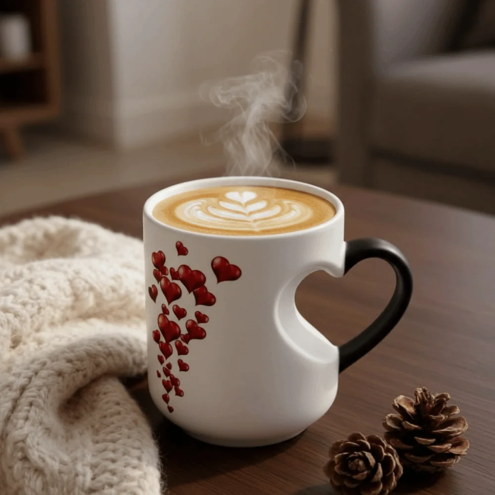 Ceramic Material Heart-Shaped Mug Red Hearts Pattern Fun Reveal Pattern Magic Ceramic Cup Surprise Design Heat Sensitive