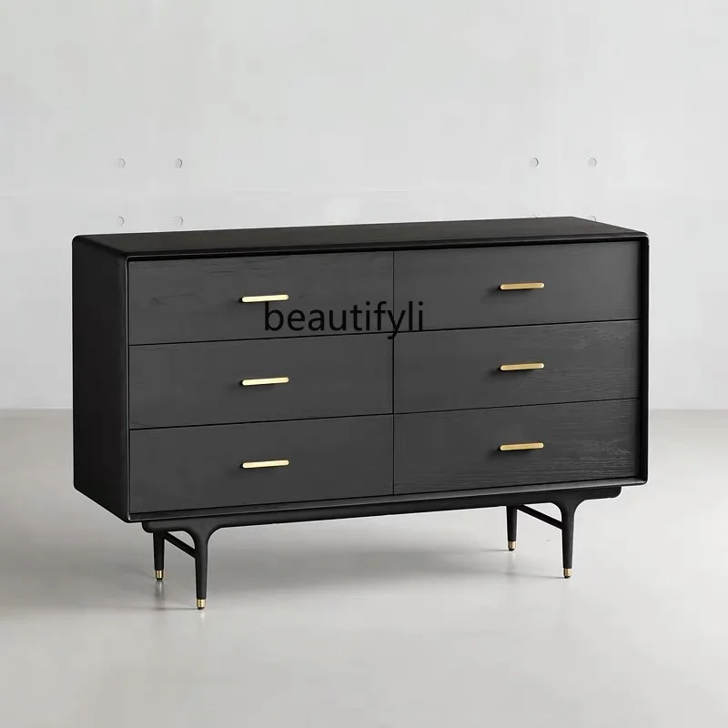 

3Nordic Mid-Ancient Industrial Style Boxwood Solid Wood Metal Chest of Six Drawers Side Cabinet Storage Cabinet Walnut Color