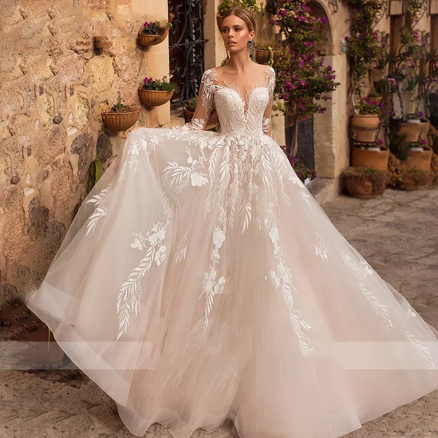 

Customized Lace Appliques Illusion Exquisit Transparent Deep Neck Sequined Long Sleeved A Line Wedding DressesBridal Gown