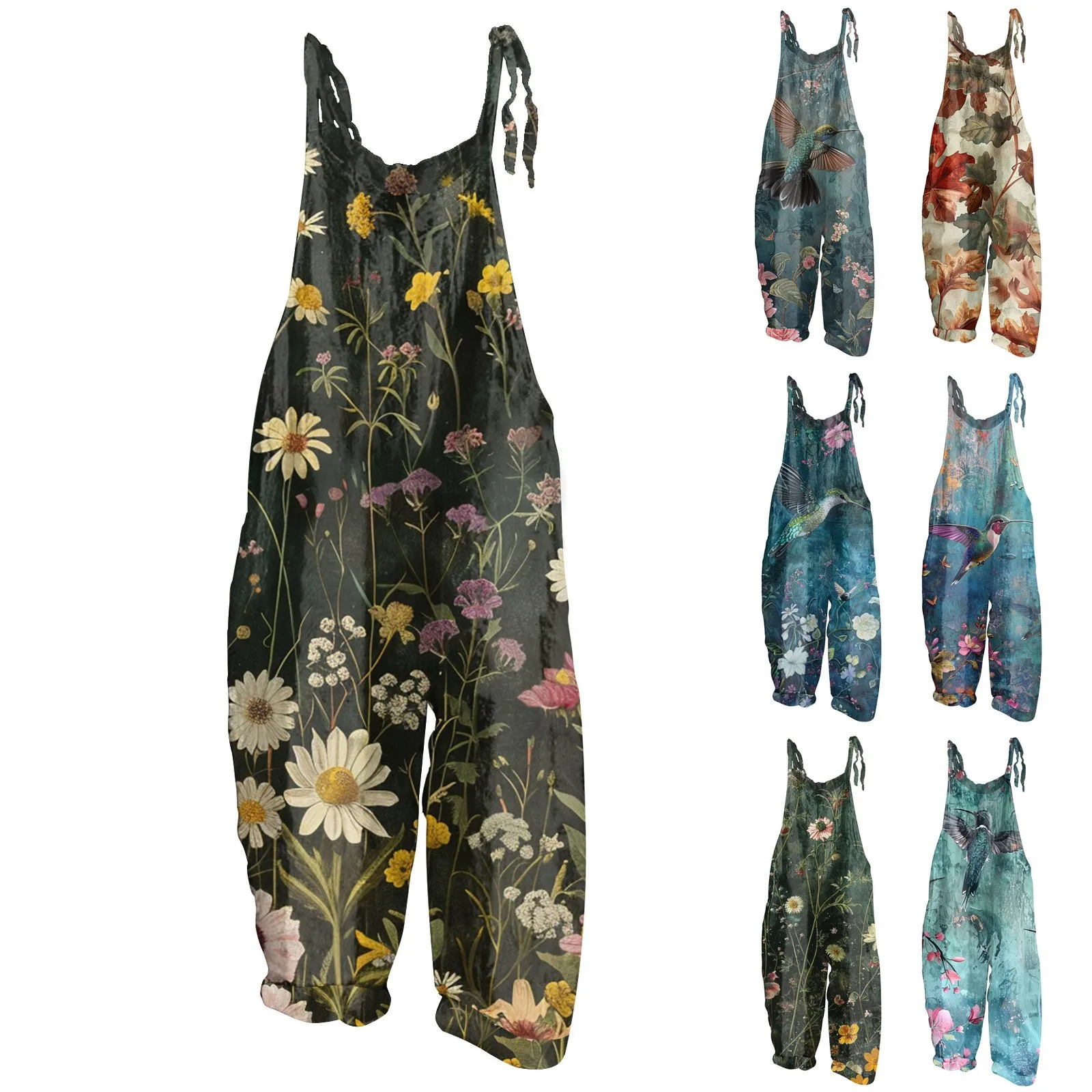 Women's Jumpsuit Floral Print Casual Loose Vintage Shoulder Strap Cotton Linen Jumpsuits for Women Casual Women Jump Suit Womens