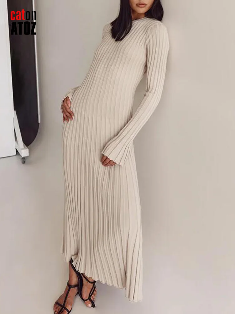 Women\'s Solid Ribbed Knit Tie Waist Dress 2023 Autumn Winter Warm White Vintage Knitted Dress Elegant Female Sweater Dress 2993