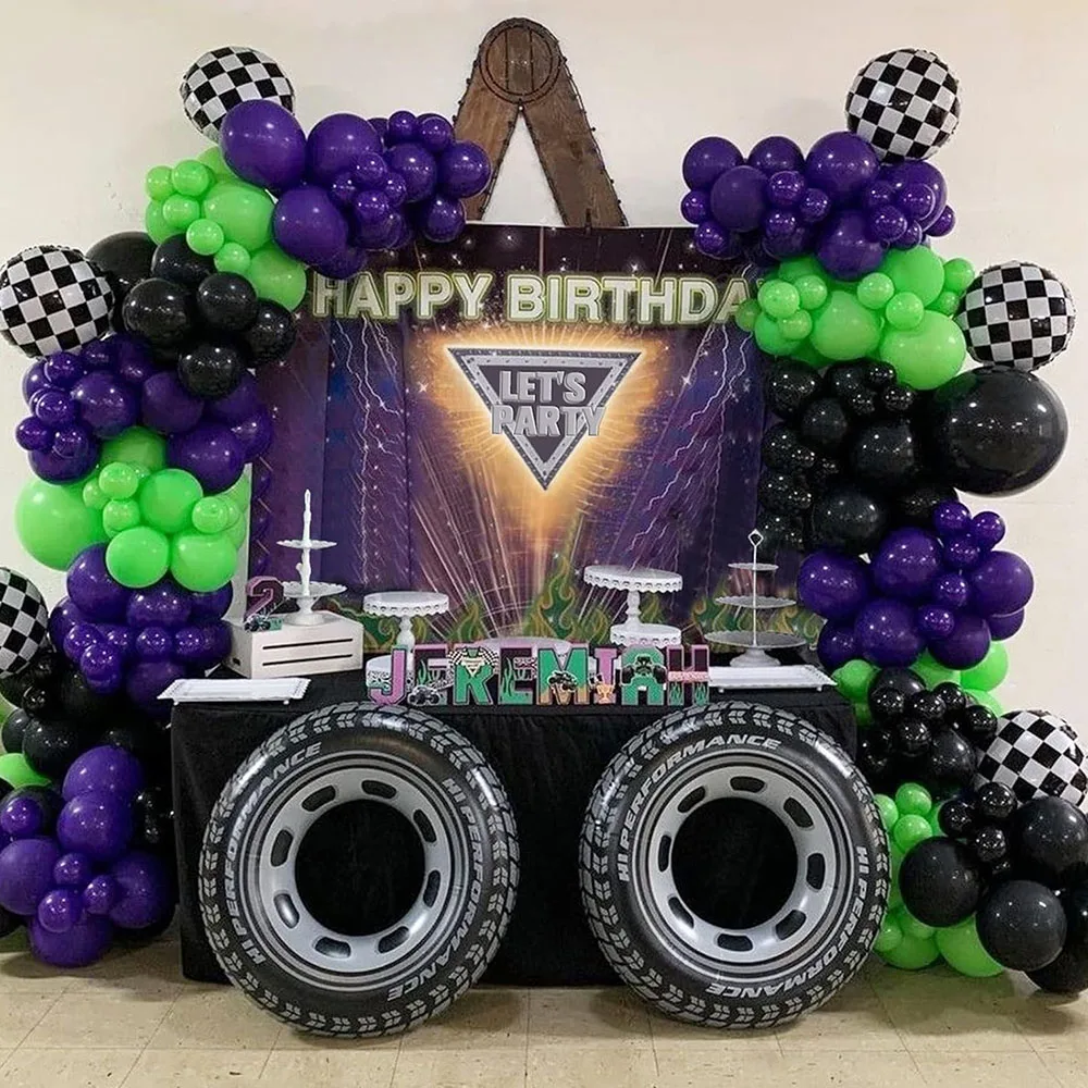 132Pcs Truck Theme Balloon Garland Kit Black Green Dark Purple Balloon Large Wheel Theme Birthday Party Baby Shower Decoration