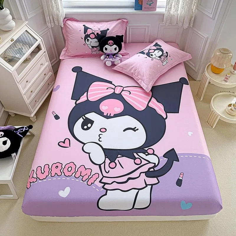 Cute Kuromi Fitted Sheet, Kawaii Cartoon Bed Cover Set with Pillowcases, Soft Polyester Bedding for Kids Room Decor