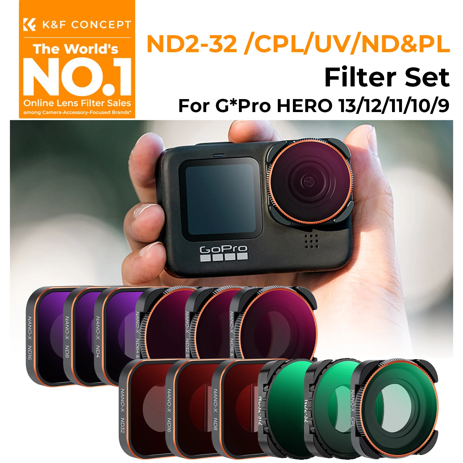 

K&F CONCEPT Комплект фильтров ND2-32 32-512 CPL UV ND4 ND8 ND16 ND64 ND1000 для GoPro HERO 13 12 11 10 Black Экшн камера Водонепроницаемая